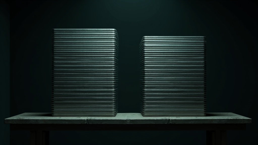 Two stacks of identical metal trays standing side by side on a dark bench, the left stack far taller than the right, both lit hard from one side.