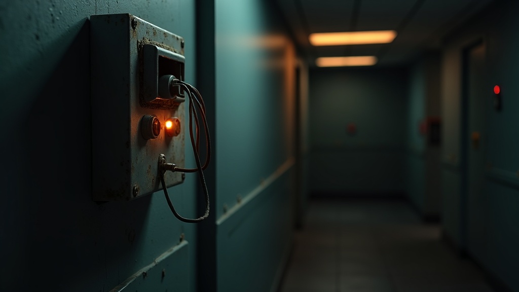 A wall-mounted alarm panel in a dark service corridor with its conduit cut open and wiring hanging loose