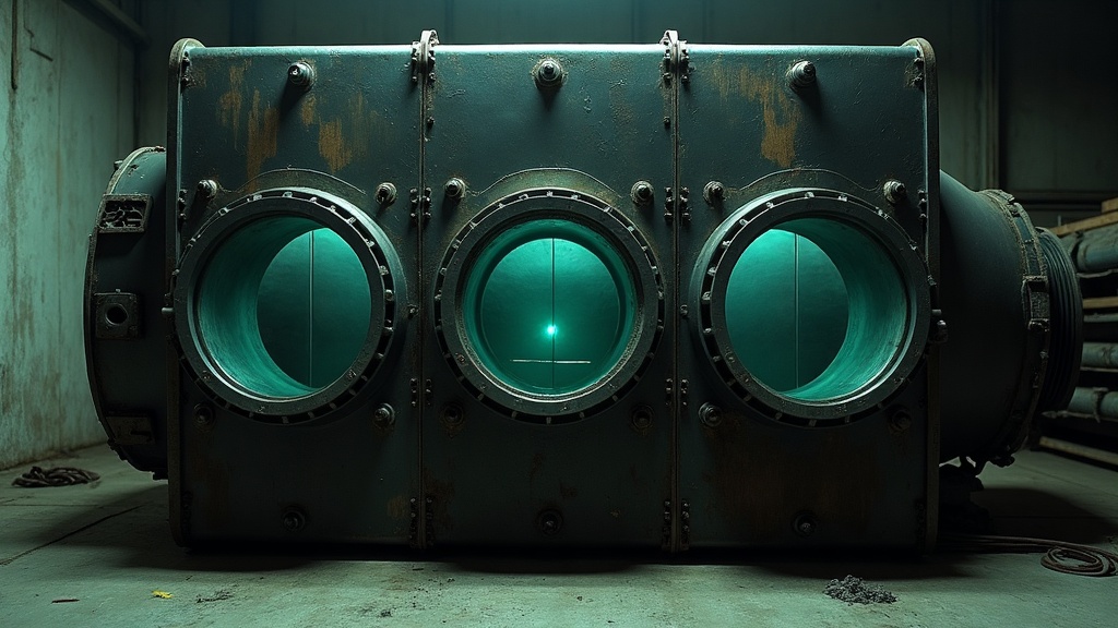 A large steel machine housing stripped bare, its removed side panels stacked on the floor beside it, the solid dark frame left with exactly three open inspection ports glowing with light from inside.