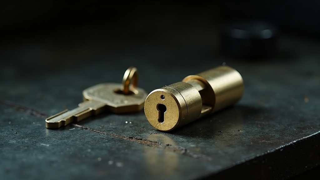 A brass key worn smooth and rounded by years of use lying on a dark bench beside a freshly machined lock cylinder with sharp bright unworn edges and a keyway of a different shape.