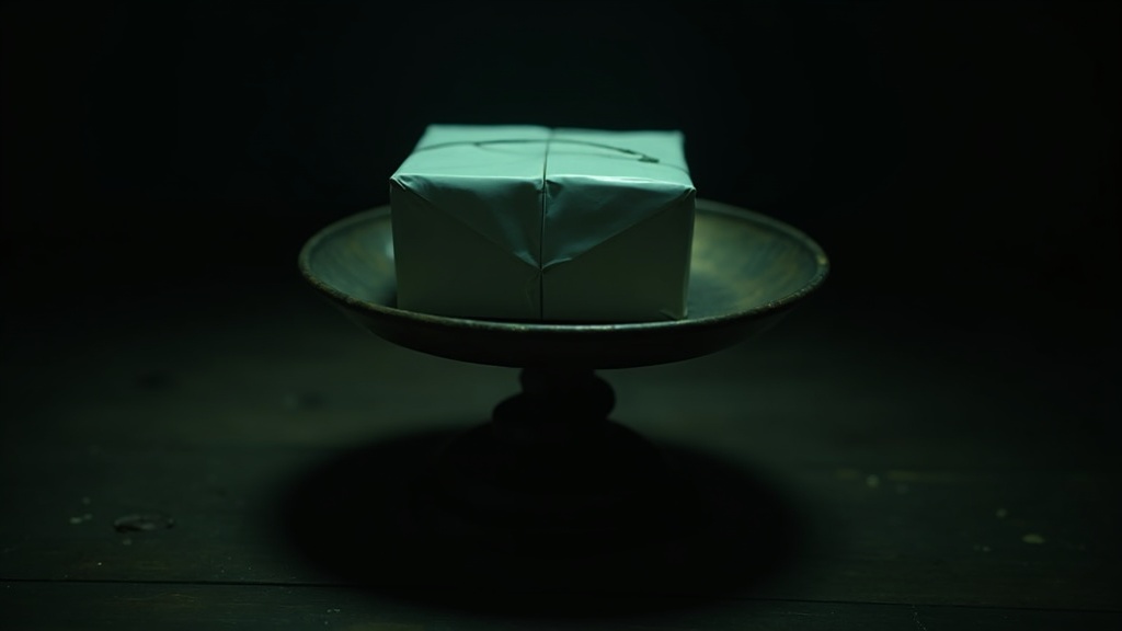 A sealed opaque parcel resting on a brass balance scale in a dark room, its contents unreadable but its weight measured