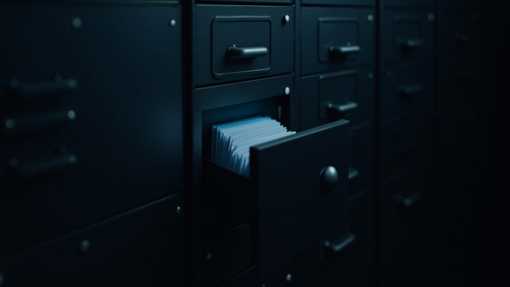 A single empty card slot pulled out from a wall of identical filing drawers, lit from inside
