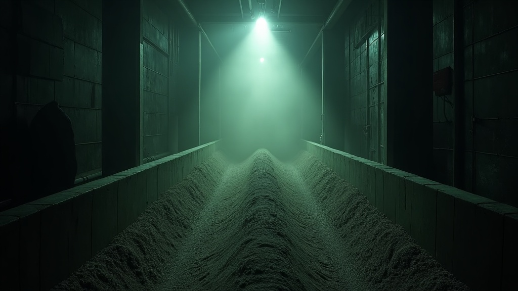 An industrial sorting chute where a narrow brightly lit lane carries a thin stream of material into a hopper while a much wider unlit chute beside it swallows the bulk of the load.