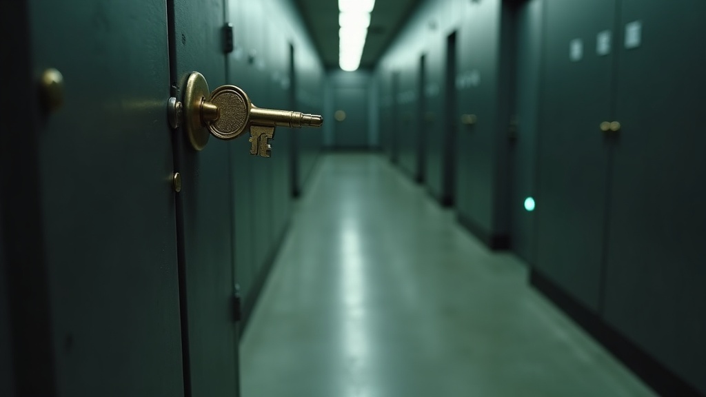 A worn brass key left standing in the lock of the nearest of a long corridor of identical closed steel doors that recede into darkness.