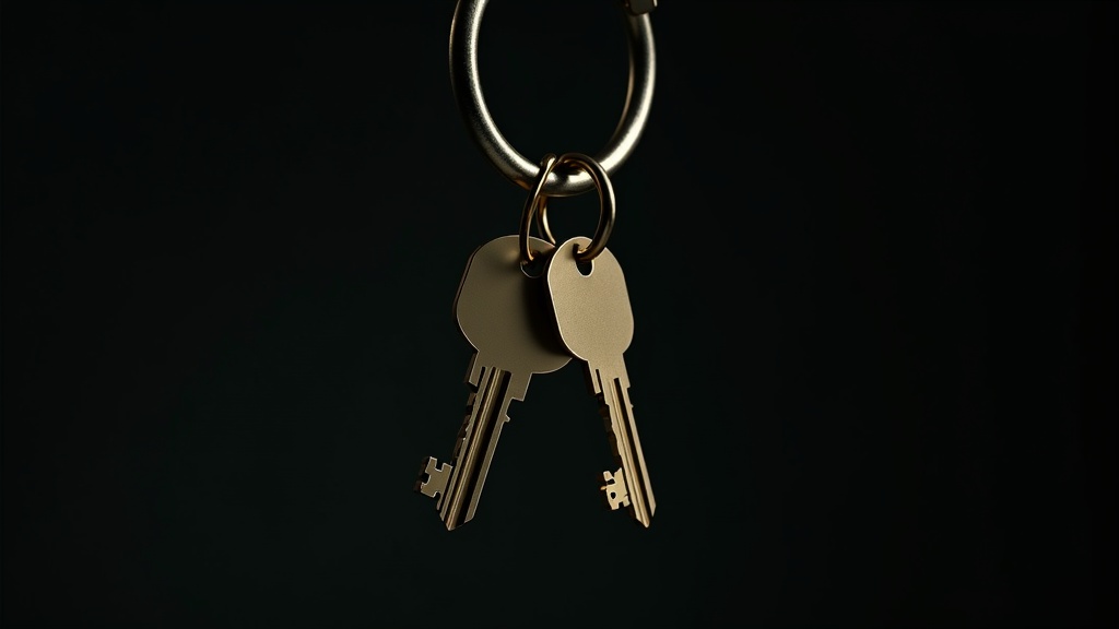 Two brass keys of identical cut hanging from one steel ring against a dark background. One carries a heavy blank metal tag on a short chain; the other has no tag at all and hangs turned edge-on to the camera.