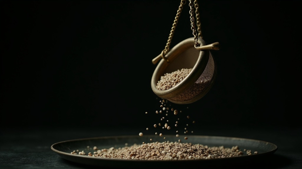A heavy brass sieve over a tray, most stones held back on the mesh, a few small ones falling through