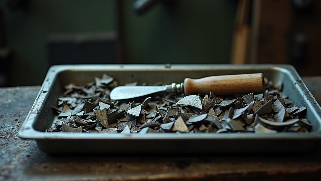 A metal workshop tray heaped with dozens of snapped-off disposable blade segments, and lying beside the tray a single heavy steel chisel with a bright honed edge.