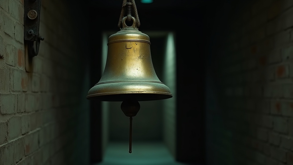 A large brass alarm bell hanging from a heavy iron bracket in a dark empty corridor. The inside of the bell is bare: the clapper that would strike it is missing.