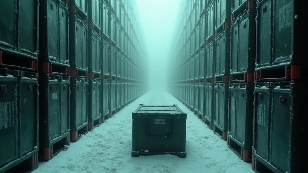 Rows of identical metal storage crates receding into freezing fog in a vast cold vault, every one of them frosted over and strapped shut. One crate at the front has been hauled out and stands open under a hard overhead light.