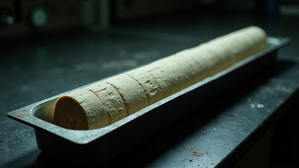 A long cylindrical sediment core lying in a shallow tray on a dark bench, pale layers running its whole length with one broad dark band cutting across it, lit hard from one side.