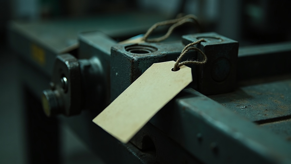 A single heavy machined part on a dark bench with two obviously different blank paper tags wired to the same lug, one large pale tag hanging forward in bright light and the other small and dark hanging behind it.