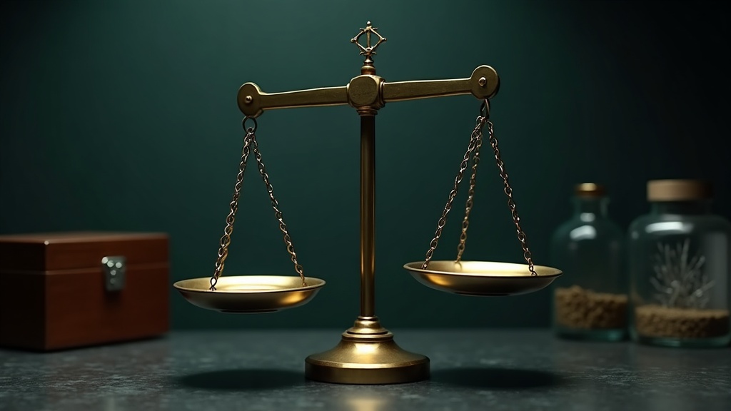 A precision two-pan balance on a dark bench, one pan holding a single plain metal blank and the other pan empty and swung fully up, with a closed and latched wooden case of reference weights sitting beside it.