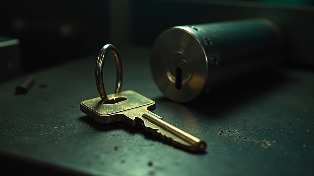 A brass key worn smooth lying on a workbench beside a lock cylinder that has been replaced