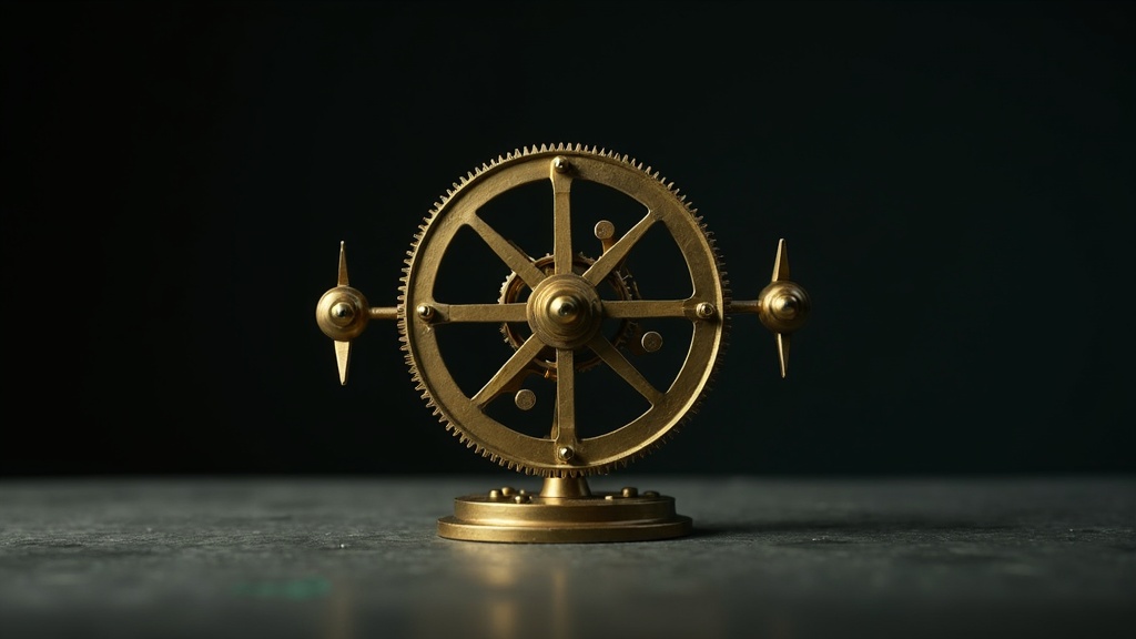 A bare brass clock mechanism on a dark surface with two separate sets of pointers mounted on the same spindle aiming in clearly different directions, and no dial behind them.