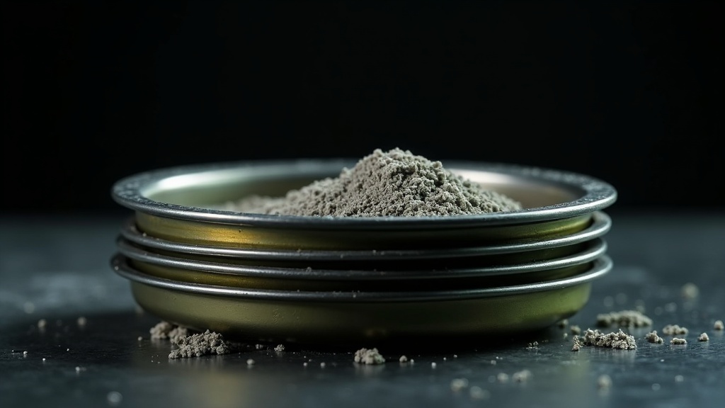 A stack of graded metal sieves on a dark bench, the top one clogged solid while the lower ones sit clean and empty