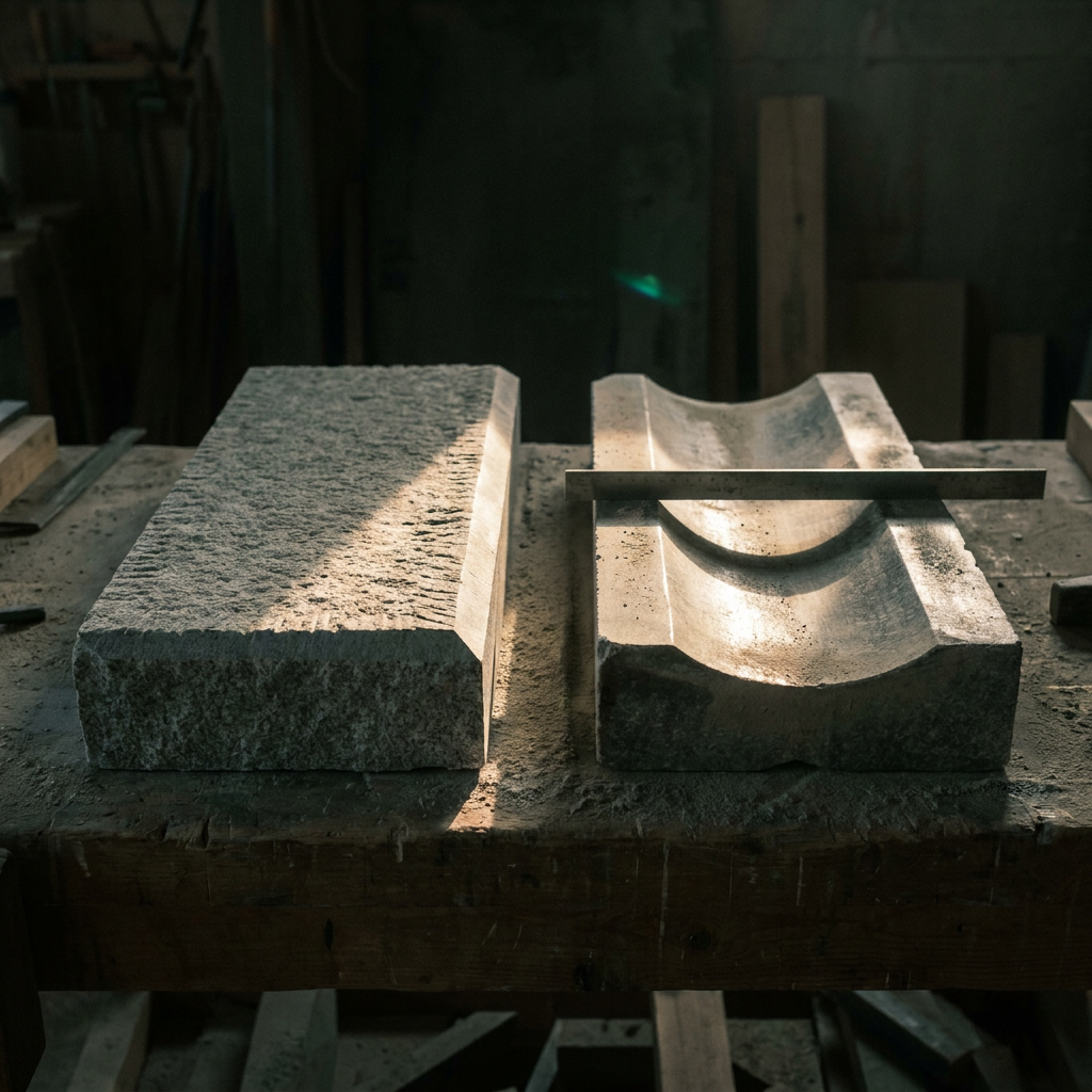 Two stone door thresholds of the same size lying side by side on a workbench, the left one freshly cut with sharp square edges, the right one deeply worn into a smooth hollow in the middle.
