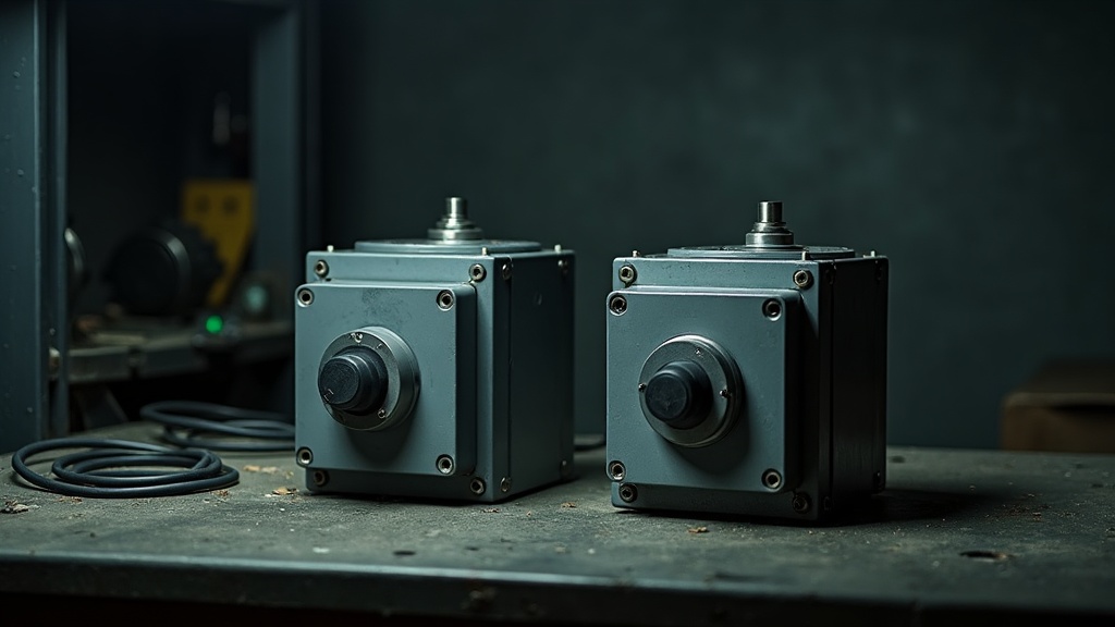 Two identical grey steel machine housings standing side by side on a dark bench. The left one has a small black sensor puck clamped to its casing with a cable running away into the dark. The right one has an open, empty clamp bracket and a loose disconnected cable lying beside it.