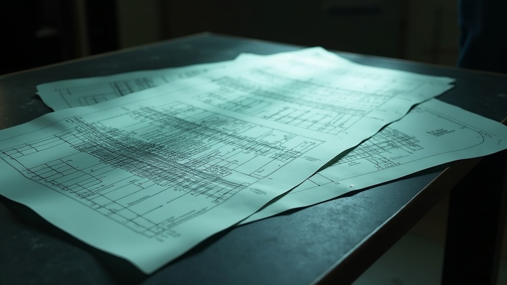 Two identical translucent blueprints overlaid on a dark drafting table, slightly out of register so their lines double and split at the edges