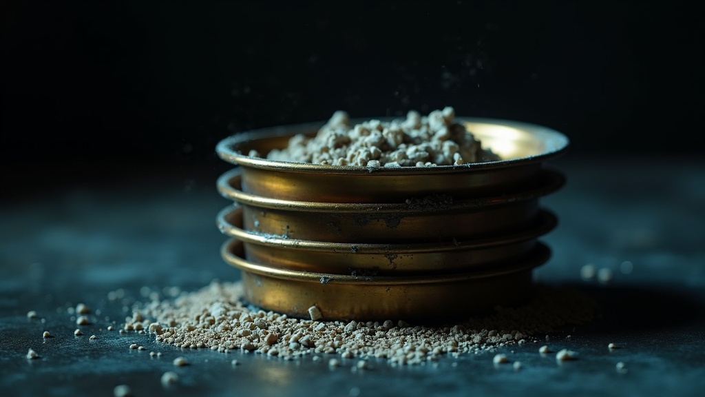 A stack of brass laboratory sieves on a dark bench, coarse fragments held in the top pan and fine grains fallen through onto the bench below