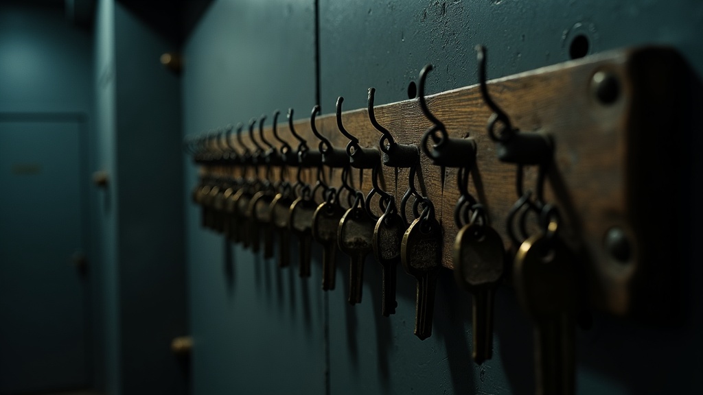 A wall-mounted board of iron hooks holding dozens of identical brass keys, with several hooks left empty