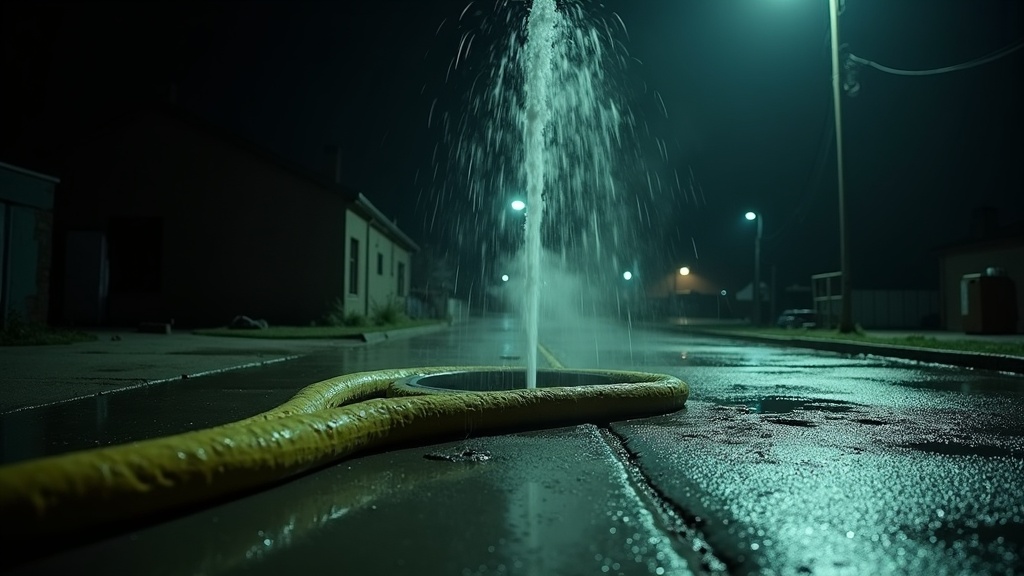 A fire hose left unattended on wet concrete at night, writhing loose under its own pressure while a jet of water blasts sideways straight into an open storm drain.