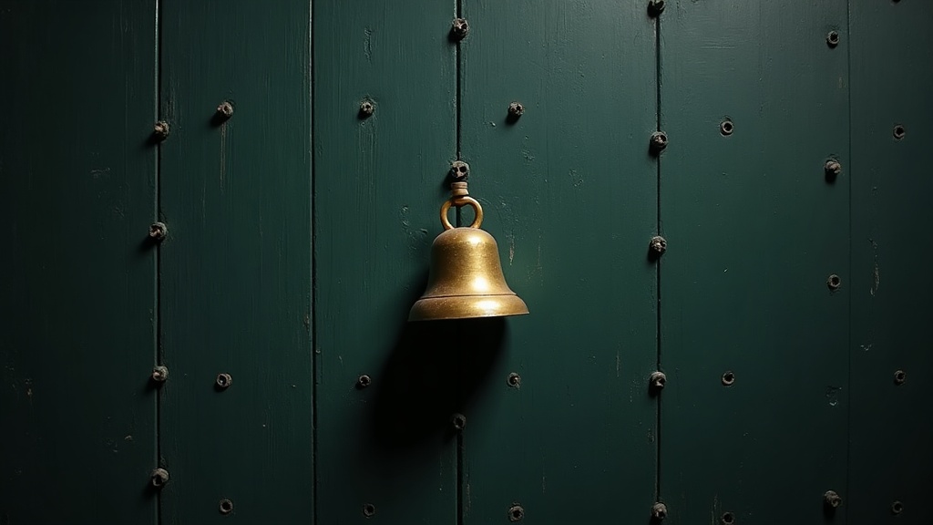 A single brass alarm bell mounted alone on a dark painted board, surrounded by rows of empty screw holes and pale unfaded outlines where identical bells used to be.