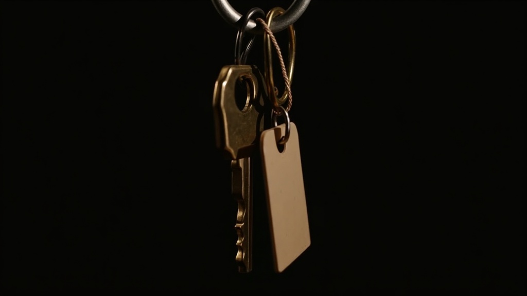 Two identical brass keys on one ring, one carrying a paper inventory tag and one blank