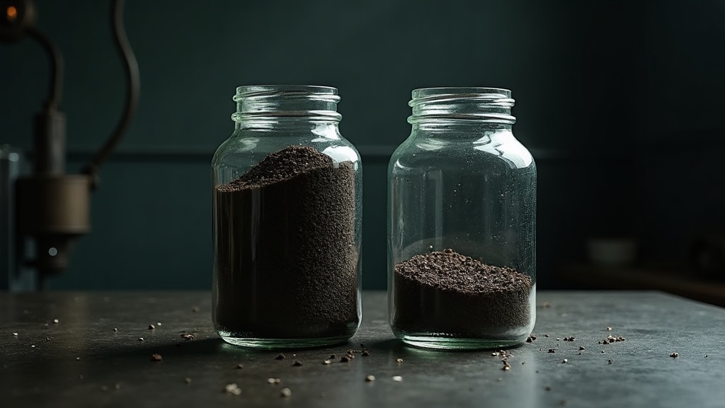 Two identical heavy glass storage jars standing side by side on a dark workbench. The left jar is packed to the brim with dark grain; the right jar has been tipped onto its side and is plainly, completely empty.
