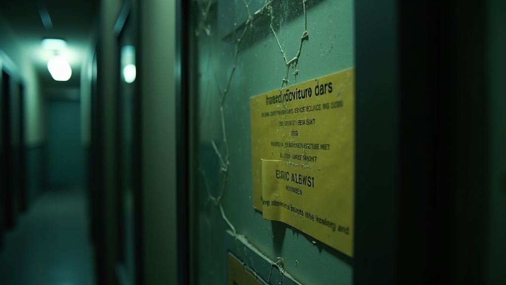 A yellowed emergency procedure card curling inside a cracked wall-mounted glass case, dimly lit