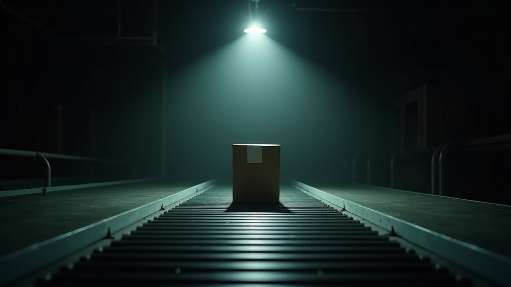 A single plain parcel standing alone on an otherwise empty industrial sorting belt in a dim warehouse, lit by one hard overhead work lamp, the belt running away into darkness behind it.