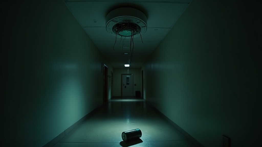 A ceiling smoke detector pulled down and hanging open by its wires in a dark corridor, its battery compartment bare and the battery lying on the floor below it.