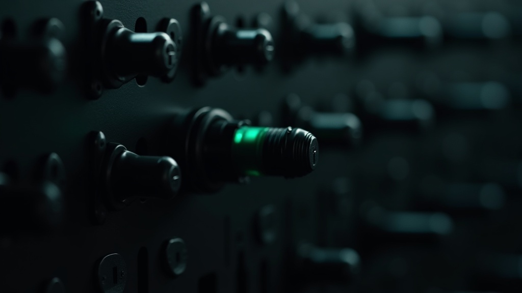 A dark pegboard wall of small identical sensor modules with several empty sockets breaking the grid