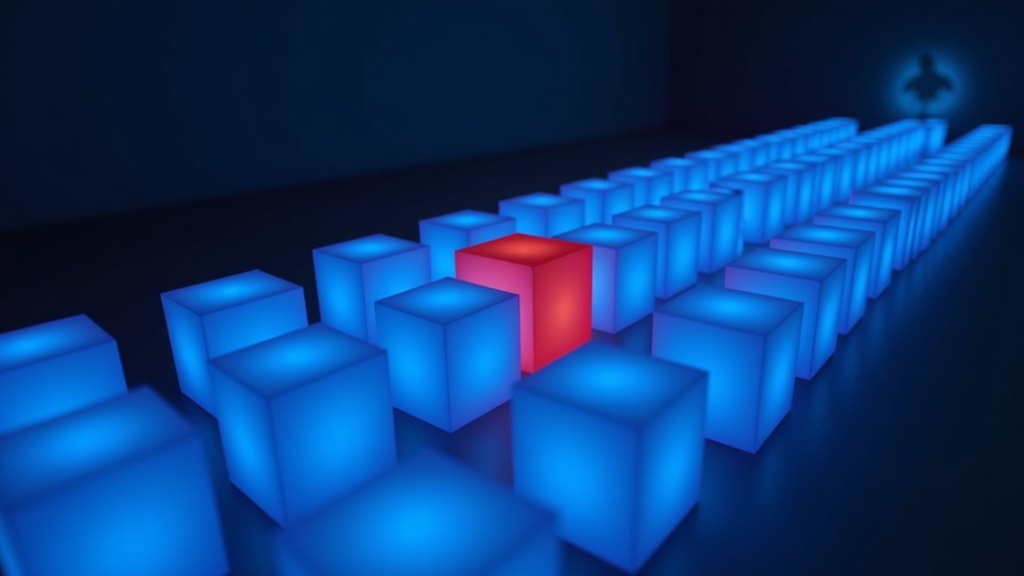 Abstract illustration of code packages flowing through a funnel into a workstation, one package glowing red among identical blue ones