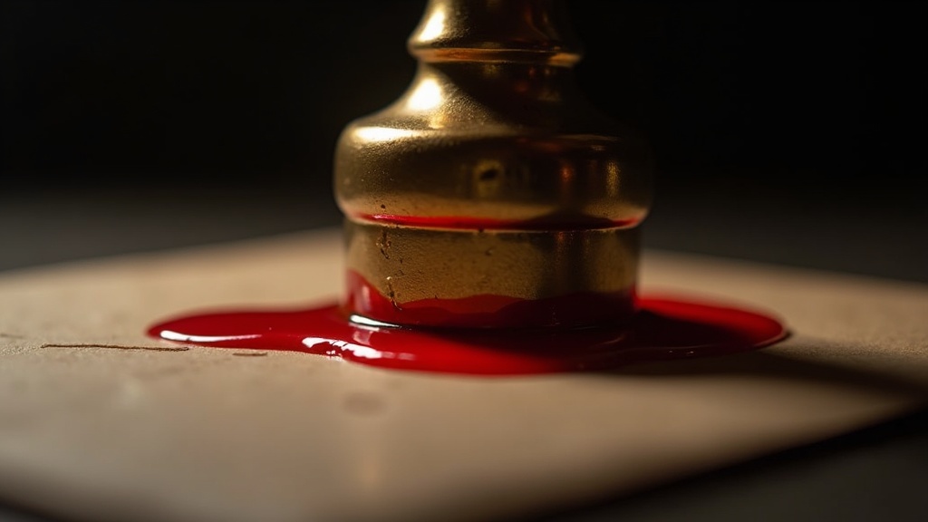A brass stamp pressing into a pool of hot wax on a plain envelope, the wax still glowing at the rim.