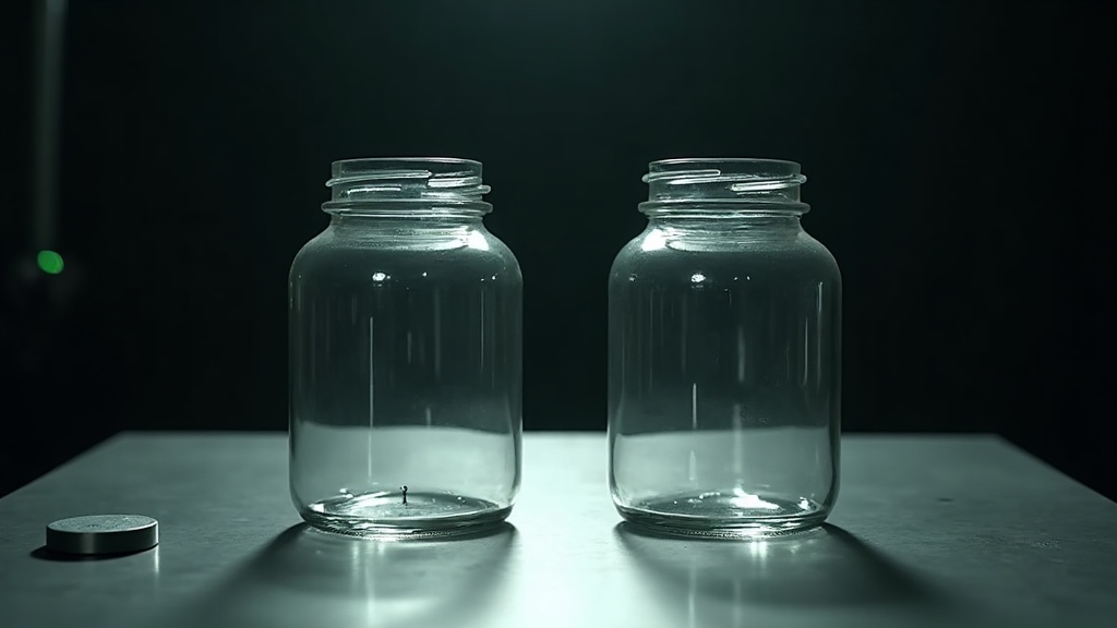 Two identical glass specimen jars side by side on a metal bench, the left one empty with its lid tipped off beside it, the right one sealed and holding a small machined metal component.