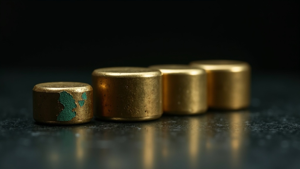 A row of brass calibration weights on a dark bench, one visibly corroded and sitting out of line