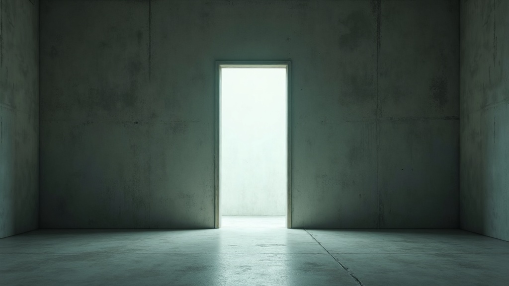 A steel door frame standing on its own in the middle of an empty concrete room with no wall around it, a faint rectangle of light falling through the empty opening onto the bare floor.