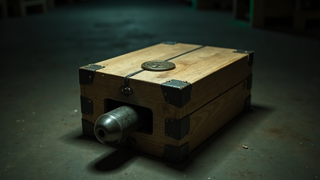 A small wooden crate with a thick unbroken wax seal still bridging the join of its lid. The crate's bottom panel hangs open on one hinge and a dark metal cylinder is sliding half out of the opening.