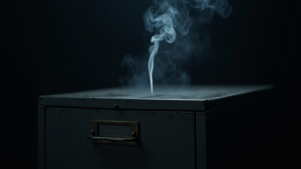 A single wisp of smoke curling out of a sealed metal drawer left slightly open in the dark