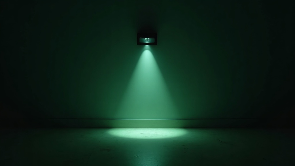 A wall-mounted motion sensor casting a cone of light across a dark floor, with one corner of the room left outside the cone