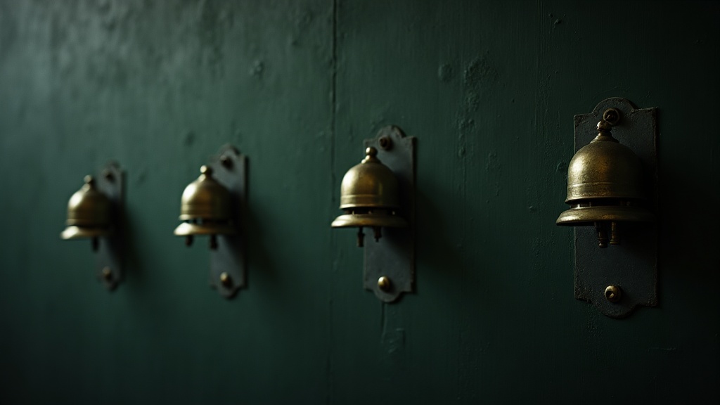 A dark wall with a single brass alarm bell mounted on it, the empty mounting holes of removed bells visible in rows around it