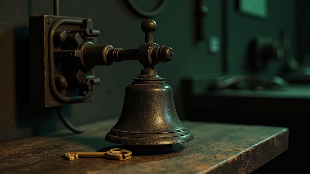 A wall-mounted alarm bell on a workshop bench with its striker caught hard against the gong, a fine ring of dust shaken loose off the rim into the light, and a small brass test key still turned in the switch beside it.