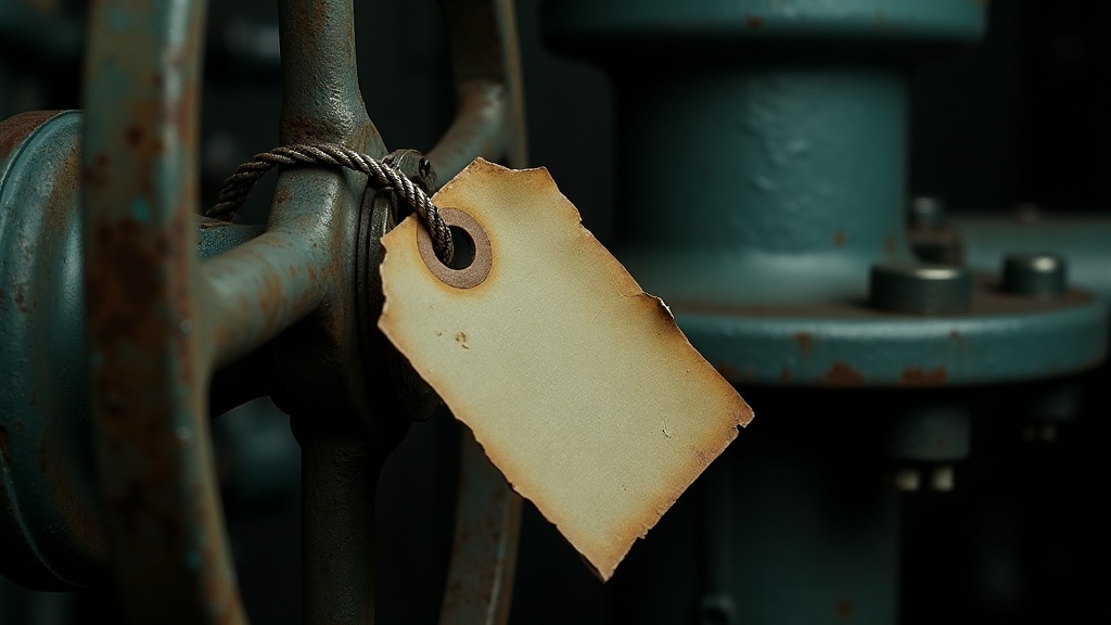 A bleached and curling blank paper tag hanging by a corroded wire seal from the handle of a heavy industrial valve, its edges water-stained and torn, the valve itself clean and clearly still in service.
