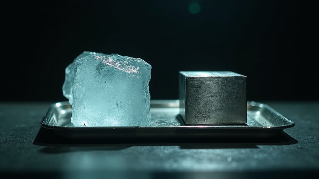 A steel tray holding two items side by side: a block of clear ice melted down to a thin sagging remnant with water running off the tray's edge, and an identically sized solid steel block, completely unchanged and dry.