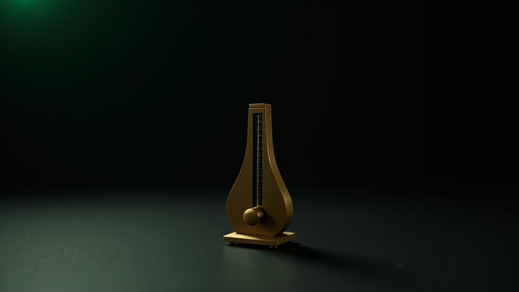 A brass metronome mid-swing on a dark surface, its arm caught in motion