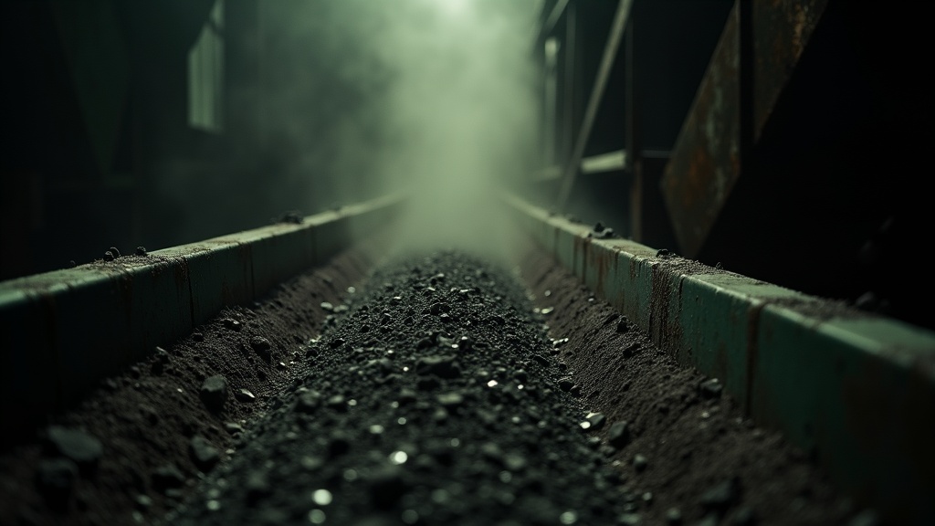 An industrial sorting chute where a narrow lit lane carries a thin stream of ore while a wide dark chute swallows the bulk