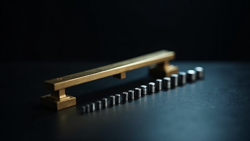 A brass equal-arm balance with a graduated set of unmarked polished steel calibration weights arranged on the bench beside it