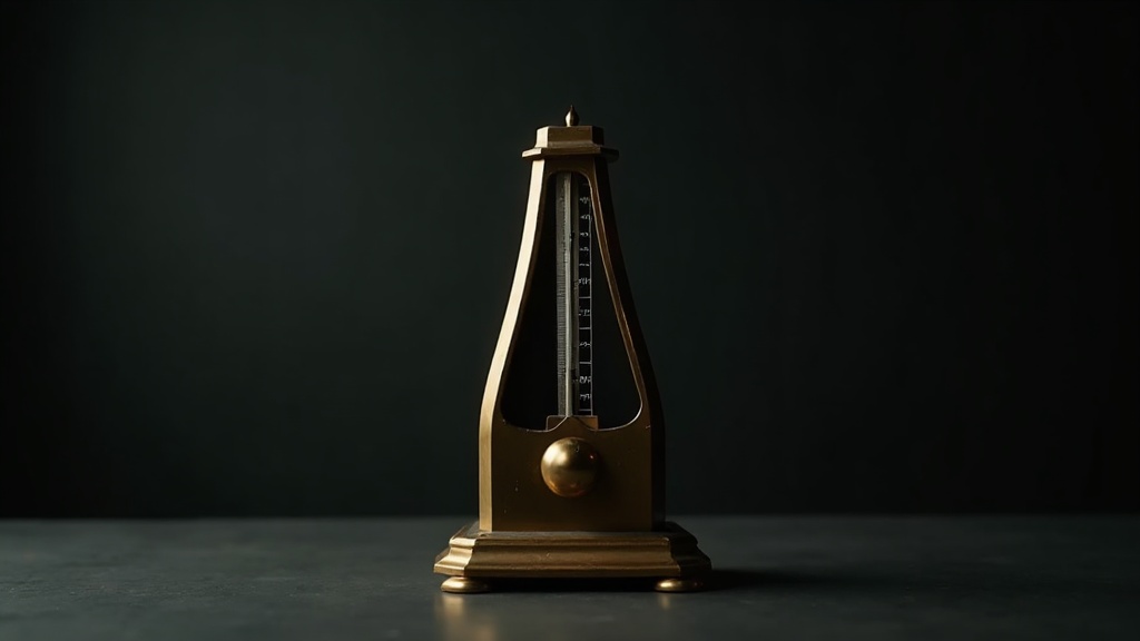 A brass metronome standing on a dark matte surface, its arm caught mid-swing and slightly blurred by the motion, the weight partway up the arm.