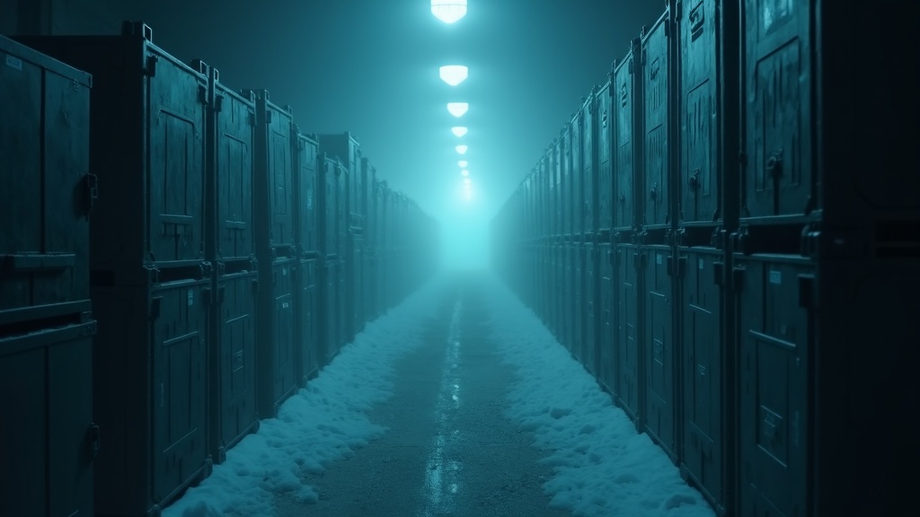 Rows of sealed storage crates receding into freezing fog, one crate lit from within