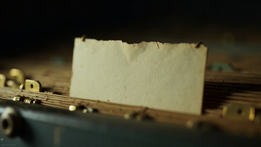 A blank index card standing upright out of a packed archive drawer, with brass eyelets punched along its edge and taut waxed cords threaded through them running away into darkness.
